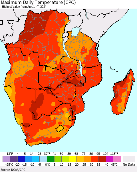 Southern Africa Maximum Daily Temperature (CPC) Thematic Map For 4/1/2024 - 4/7/2024