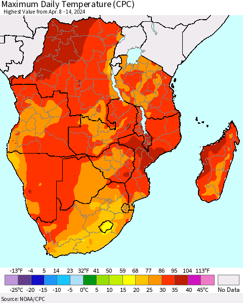 Southern Africa Maximum Daily Temperature (CPC) Thematic Map For 4/8/2024 - 4/14/2024