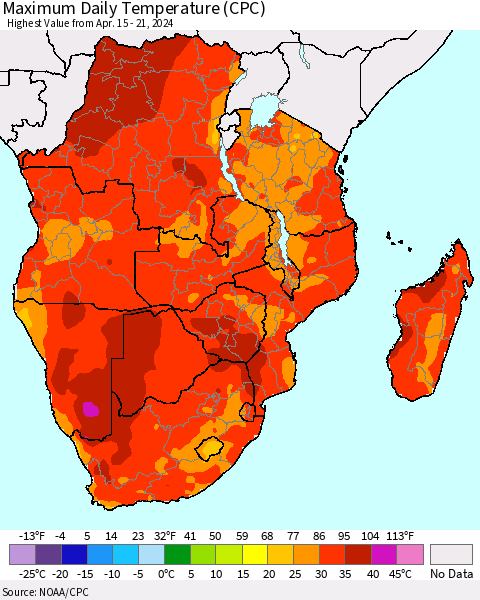 Southern Africa Maximum Daily Temperature (CPC) Thematic Map For 4/15/2024 - 4/21/2024