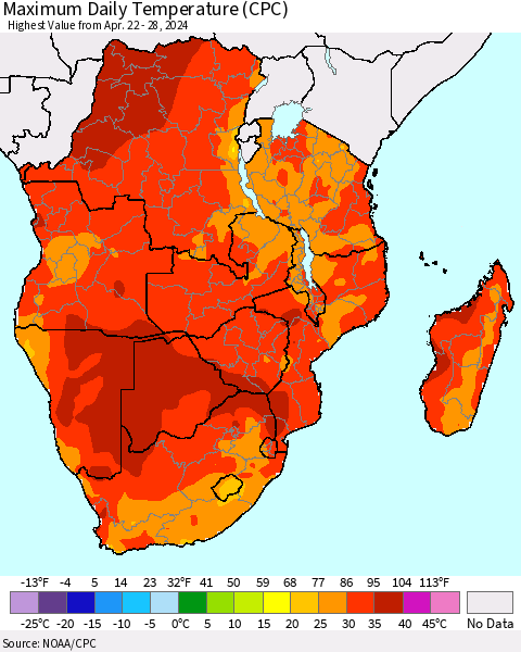 Southern Africa Maximum Daily Temperature (CPC) Thematic Map For 4/22/2024 - 4/28/2024