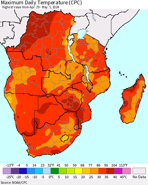 Southern Africa Maximum Daily Temperature (CPC) Thematic Map For 4/29/2024 - 5/5/2024