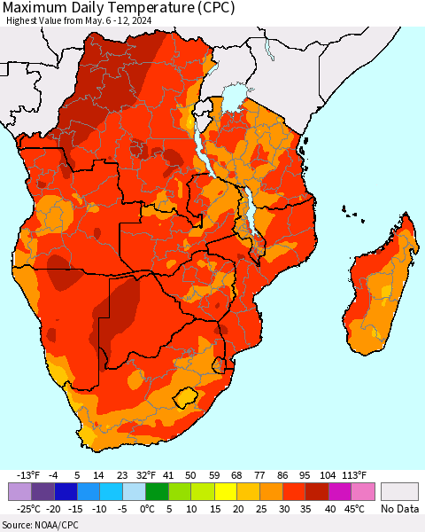 Southern Africa Maximum Daily Temperature (CPC) Thematic Map For 5/6/2024 - 5/12/2024