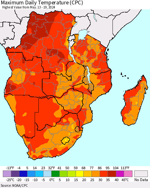 Southern Africa Maximum Daily Temperature (CPC) Thematic Map For 5/13/2024 - 5/19/2024