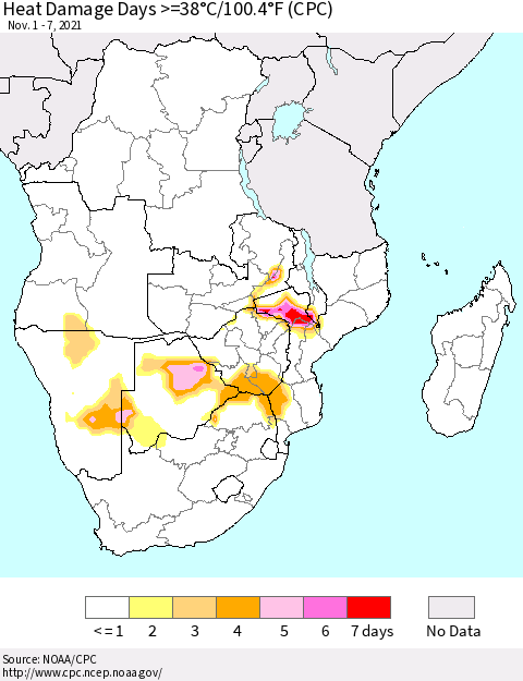 Southern Africa Heat Damage Days >=38°C/100°F (CPC) Thematic Map For 11/1/2021 - 11/7/2021