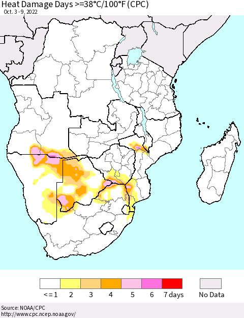 Southern Africa Heat Damage Days >=38°C/100°F (CPC) Thematic Map For 10/3/2022 - 10/9/2022