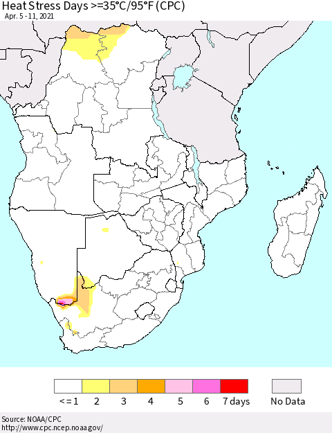 Southern Africa Heat Stress Days >=35°C/95°F (CPC) Thematic Map For 4/5/2021 - 4/11/2021