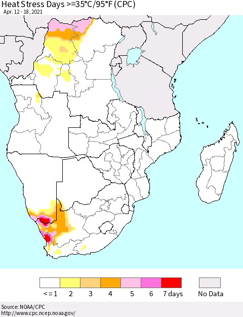 Southern Africa Heat Stress Days >=35°C/95°F (CPC) Thematic Map For 4/12/2021 - 4/18/2021