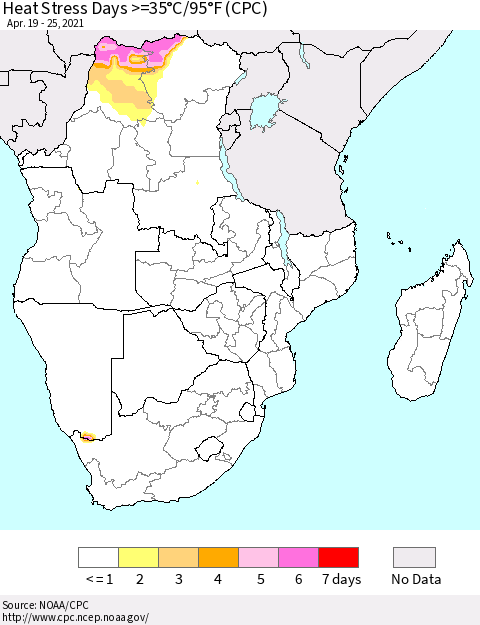 Southern Africa Heat Stress Days >=35°C/95°F (CPC) Thematic Map For 4/19/2021 - 4/25/2021