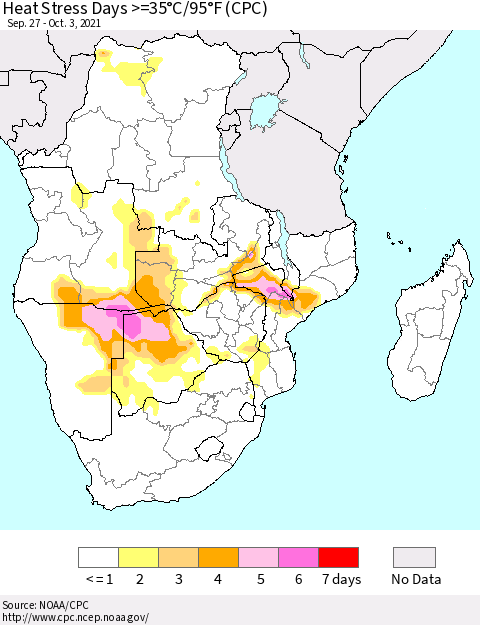 Southern Africa Heat Stress Days >=35°C/95°F (CPC) Thematic Map For 9/27/2021 - 10/3/2021