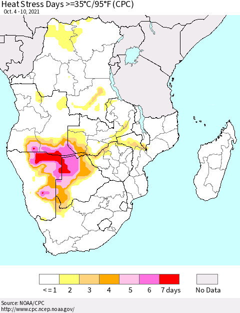 Southern Africa Heat Stress Days >=35°C/95°F (CPC) Thematic Map For 10/4/2021 - 10/10/2021