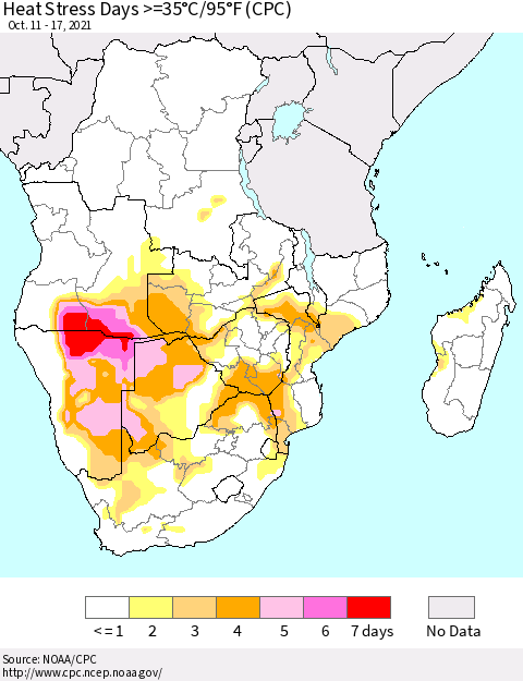 Southern Africa Heat Stress Days >=35°C/95°F (CPC) Thematic Map For 10/11/2021 - 10/17/2021