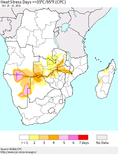 Southern Africa Heat Stress Days >=35°C/95°F (CPC) Thematic Map For 10/25/2021 - 10/31/2021