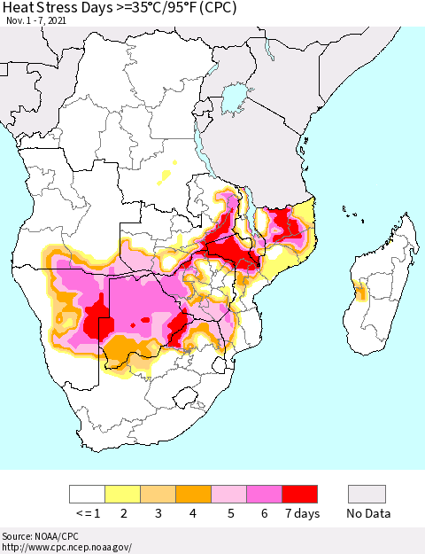 Southern Africa Heat Stress Days >=35°C/95°F (CPC) Thematic Map For 11/1/2021 - 11/7/2021