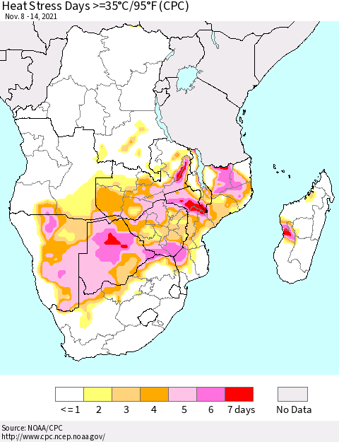 Southern Africa Heat Stress Days >=35°C/95°F (CPC) Thematic Map For 11/8/2021 - 11/14/2021