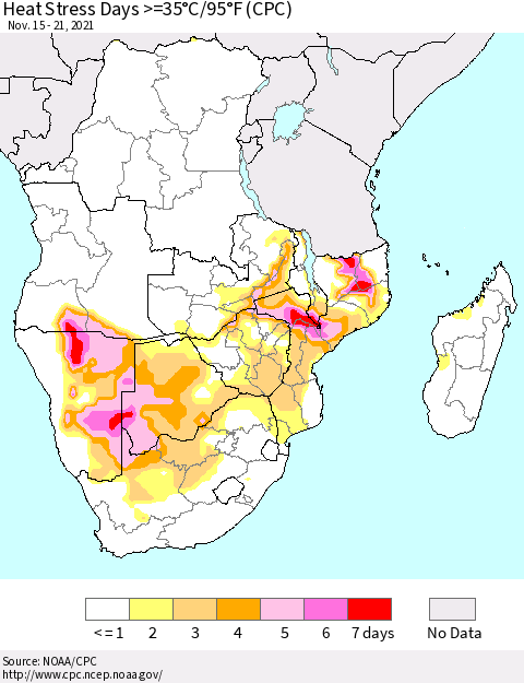Southern Africa Heat Stress Days >=35°C/95°F (CPC) Thematic Map For 11/15/2021 - 11/21/2021