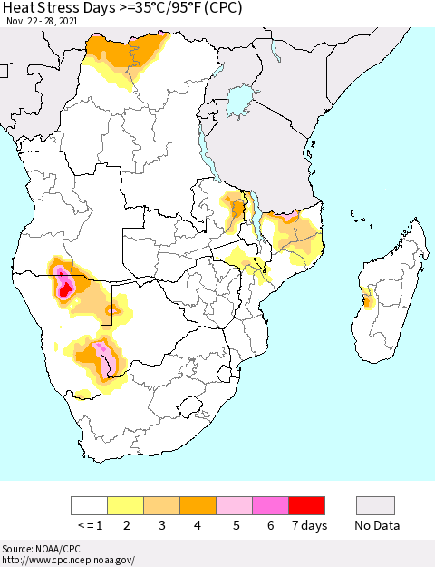 Southern Africa Heat Stress Days >=35°C/95°F (CPC) Thematic Map For 11/22/2021 - 11/28/2021