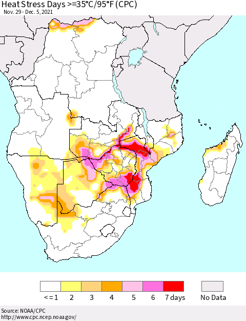 Southern Africa Heat Stress Days >=35°C/95°F (CPC) Thematic Map For 11/29/2021 - 12/5/2021