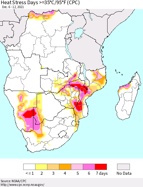 Southern Africa Heat Stress Days >=35°C/95°F (CPC) Thematic Map For 12/6/2021 - 12/12/2021