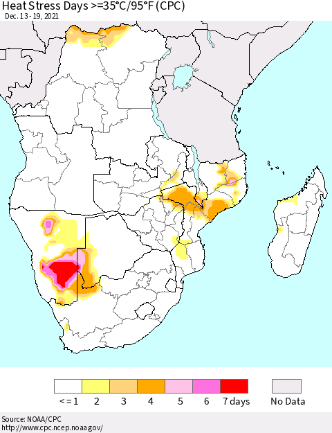 Southern Africa Heat Stress Days >=35°C/95°F (CPC) Thematic Map For 12/13/2021 - 12/19/2021