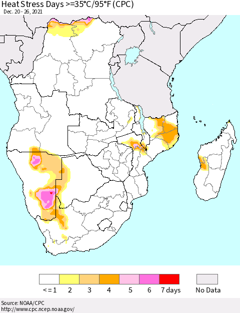 Southern Africa Heat Stress Days >=35°C/95°F (CPC) Thematic Map For 12/20/2021 - 12/26/2021