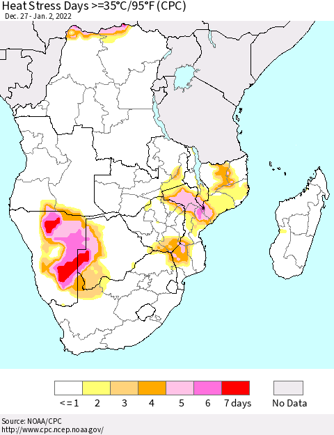 Southern Africa Heat Stress Days >=35°C/95°F (CPC) Thematic Map For 12/27/2021 - 1/2/2022