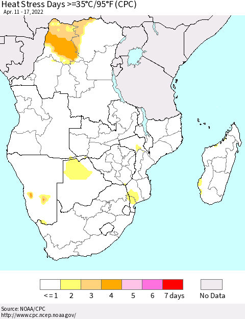Southern Africa Heat Stress Days >=35°C/95°F (CPC) Thematic Map For 4/11/2022 - 4/17/2022