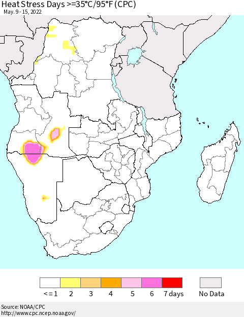 Southern Africa Heat Stress Days >=35°C/95°F (CPC) Thematic Map For 5/9/2022 - 5/15/2022