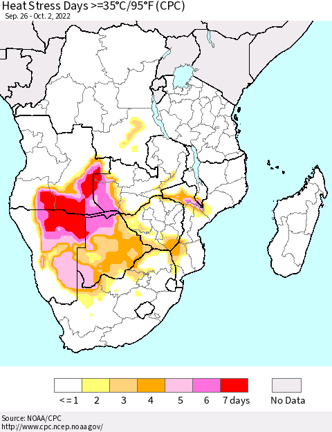 Southern Africa Heat Stress Days >=35°C/95°F (CPC) Thematic Map For 9/26/2022 - 10/2/2022
