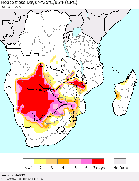 Southern Africa Heat Stress Days >=35°C/95°F (CPC) Thematic Map For 10/3/2022 - 10/9/2022