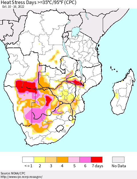 Southern Africa Heat Stress Days >=35°C/95°F (CPC) Thematic Map For 10/10/2022 - 10/16/2022