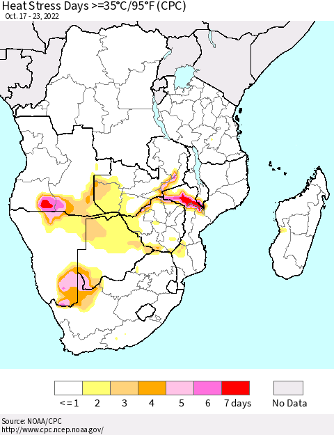 Southern Africa Heat Stress Days >=35°C/95°F (CPC) Thematic Map For 10/17/2022 - 10/23/2022