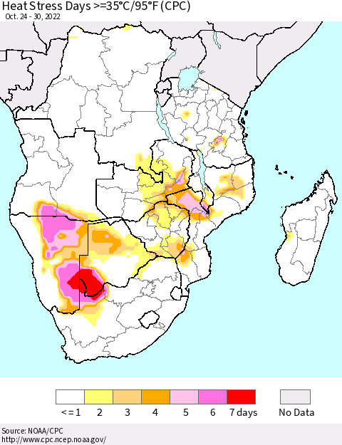 Southern Africa Heat Stress Days >=35°C/95°F (CPC) Thematic Map For 10/24/2022 - 10/30/2022