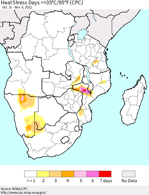Southern Africa Heat Stress Days >=35°C/95°F (CPC) Thematic Map For 10/31/2022 - 11/6/2022