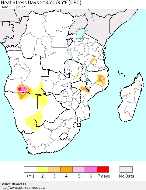 Southern Africa Heat Stress Days >=35°C/95°F (CPC) Thematic Map For 11/7/2022 - 11/13/2022