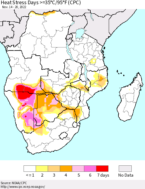 Southern Africa Heat Stress Days >=35°C/95°F (CPC) Thematic Map For 11/14/2022 - 11/20/2022