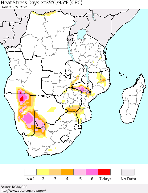 Southern Africa Heat Stress Days >=35°C/95°F (CPC) Thematic Map For 11/21/2022 - 11/27/2022
