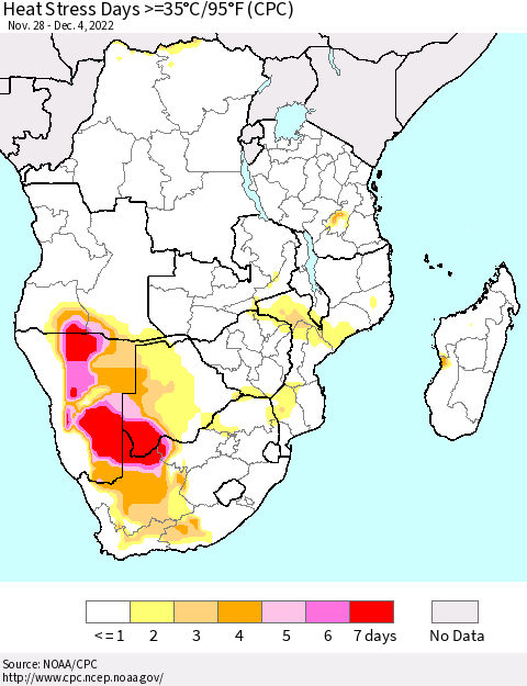 Southern Africa Heat Stress Days >=35°C/95°F (CPC) Thematic Map For 11/28/2022 - 12/4/2022