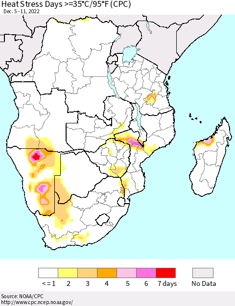 Southern Africa Heat Stress Days >=35°C/95°F (CPC) Thematic Map For 12/5/2022 - 12/11/2022