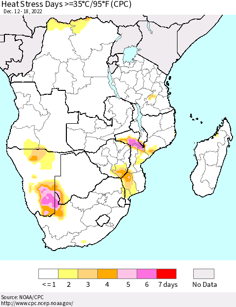 Southern Africa Heat Stress Days >=35°C/95°F (CPC) Thematic Map For 12/12/2022 - 12/18/2022