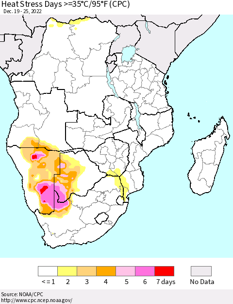 Southern Africa Heat Stress Days >=35°C/95°F (CPC) Thematic Map For 12/19/2022 - 12/25/2022