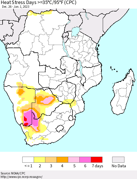 Southern Africa Heat Stress Days >=35°C/95°F (CPC) Thematic Map For 12/26/2022 - 1/1/2023