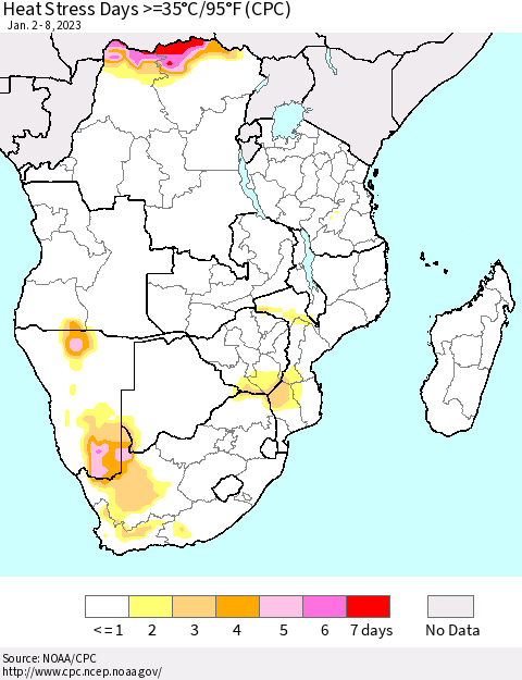 Southern Africa Heat Stress Days >=35°C/95°F (CPC) Thematic Map For 1/2/2023 - 1/8/2023