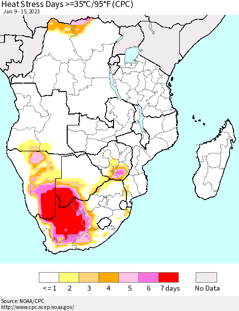 Southern Africa Heat Stress Days >=35°C/95°F (CPC) Thematic Map For 1/9/2023 - 1/15/2023