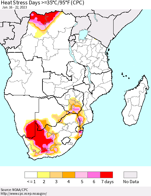 Southern Africa Heat Stress Days >=35°C/95°F (CPC) Thematic Map For 1/16/2023 - 1/22/2023