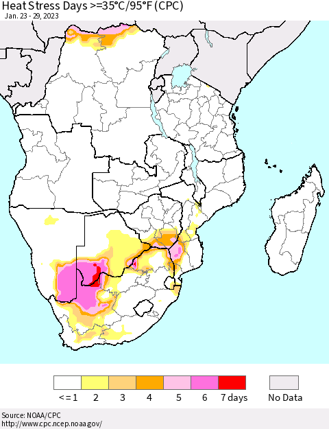 Southern Africa Heat Stress Days >=35°C/95°F (CPC) Thematic Map For 1/23/2023 - 1/29/2023