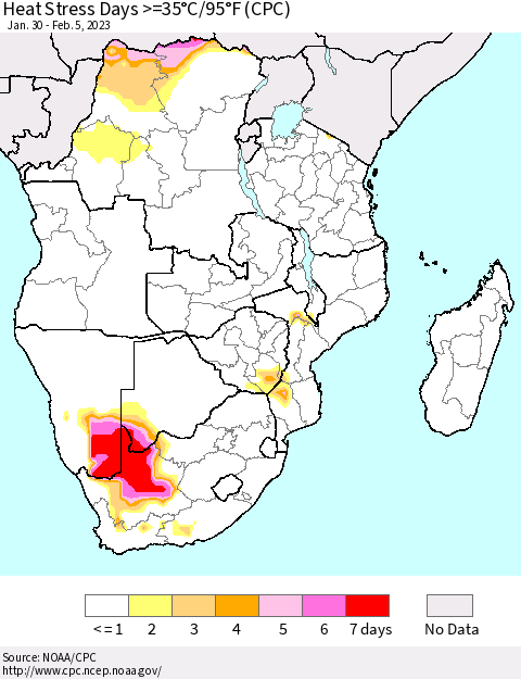Southern Africa Heat Stress Days >=35°C/95°F (CPC) Thematic Map For 1/30/2023 - 2/5/2023