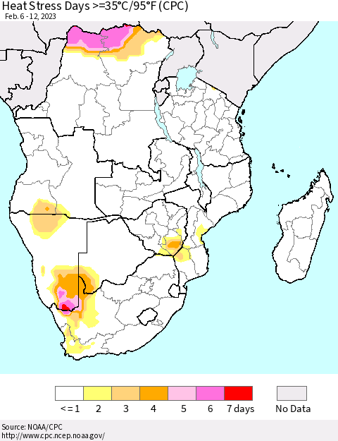 Southern Africa Heat Stress Days >=35°C/95°F (CPC) Thematic Map For 2/6/2023 - 2/12/2023