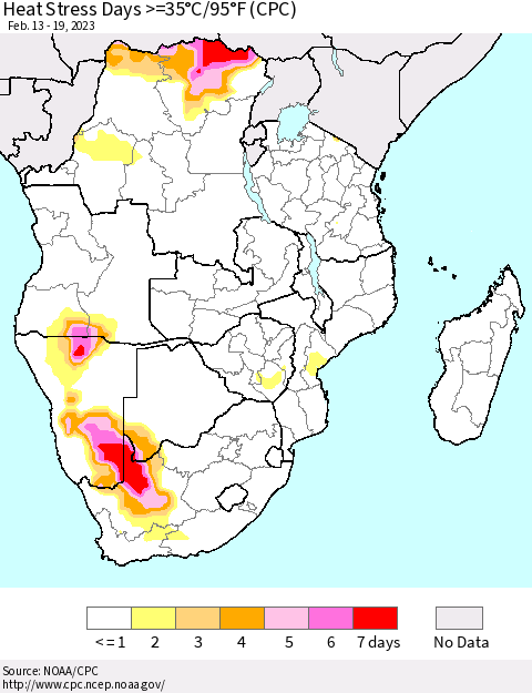 Southern Africa Heat Stress Days >=35°C/95°F (CPC) Thematic Map For 2/13/2023 - 2/19/2023
