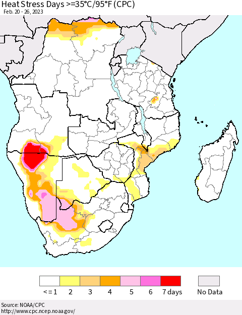 Southern Africa Heat Stress Days >=35°C/95°F (CPC) Thematic Map For 2/20/2023 - 2/26/2023