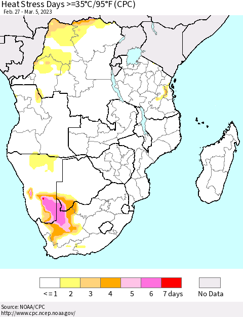 Southern Africa Heat Stress Days >=35°C/95°F (CPC) Thematic Map For 2/27/2023 - 3/5/2023